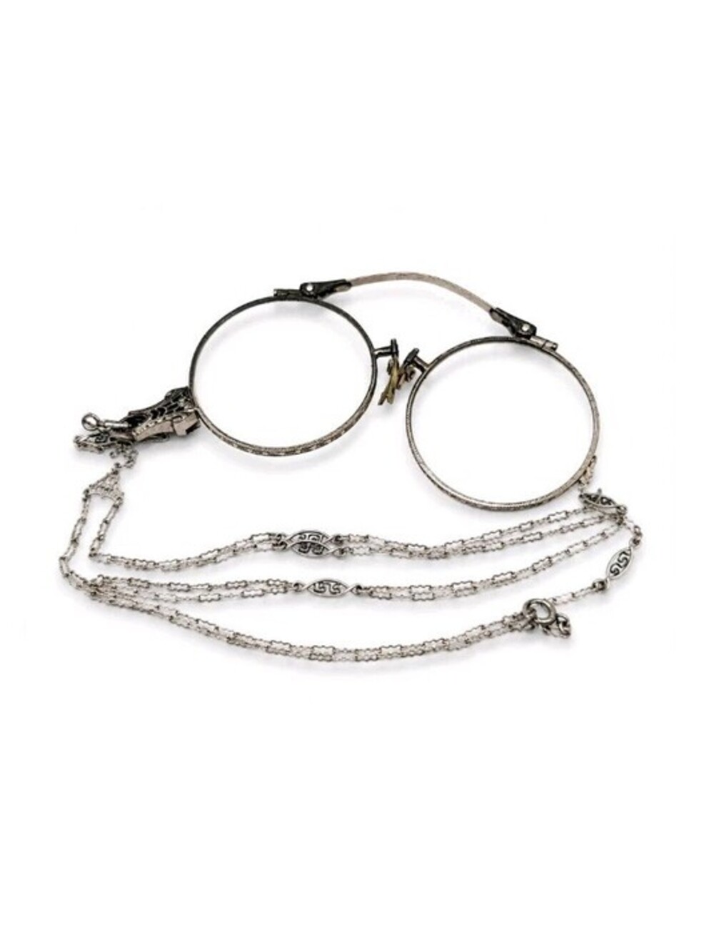 Antique Pince-Nez Eyeglasses Guard Chain Engraved White Metal T&P Mark